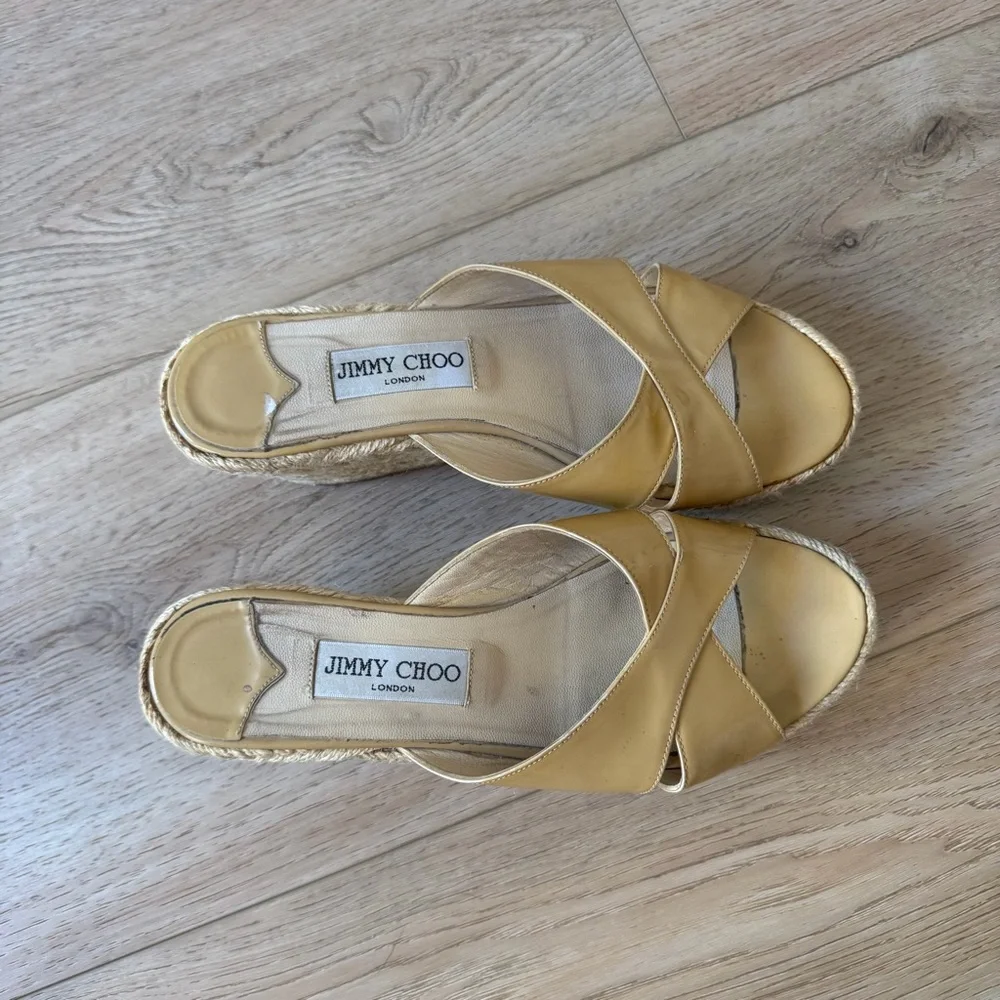 Jimmy Choo Yellow Patent Leather Wedge Espadrille Sandals